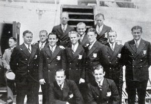 Kneeling (left to right) – Clyde Swendien (Coach): Ray Ruddy. Standing (left to right) – Charles H. McCallister, Herbert H. Wildman, Dixon Fiske, Frank C. Graham, Kenneth M. Beck, William E. Kelly, Fred Lanar. Rear (left to right) – Charles T. Finn, Phillip B. Daubenspeck, and James O’Conner