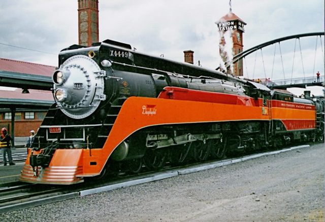 The Southern Pacific 4449 is the other operable steam locomotive (and the one I work on) owned by the city of Portland. It was built in 1941 by the Lima Locomotive works for the Southern Pacific Railroad. It is maintained by the Friends of the 4449. It is sitting in front of Portland Union Station after arriving with the National Railroad Historical Society excursion in July of 2005.