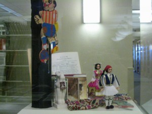 Shadow puppets (center and left, on the pole) Dolls representing traditional dress: male & female (right) Reproduction Cycladic Statue from the Cyclides Isle (left) ~Courtesy loan from Cornelia Paraskevas