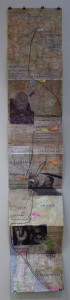 Kattie Probst: Family History 2008 paper collage, thread (11” wide, 60” tall)